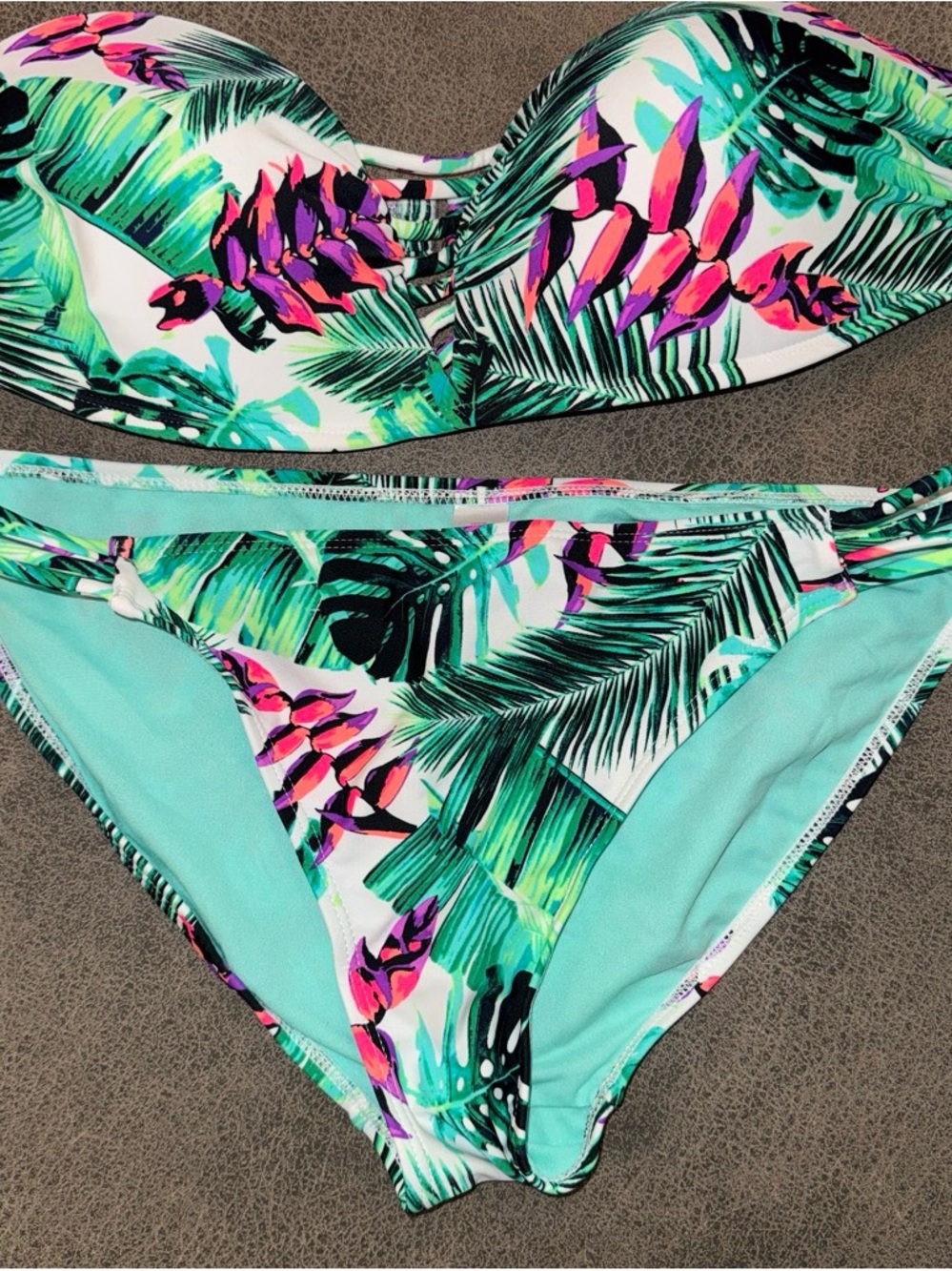 No Boundaries Tropical Leaf Bandeau Bikini in Teal, Pink, Green